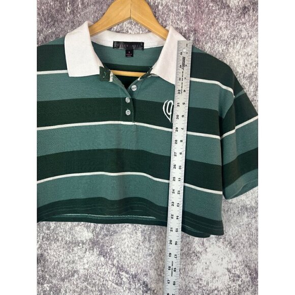 Faded Green White Striped Cropped Preppy Polo Shirt Top Women's Small - Picture 6 of 9
